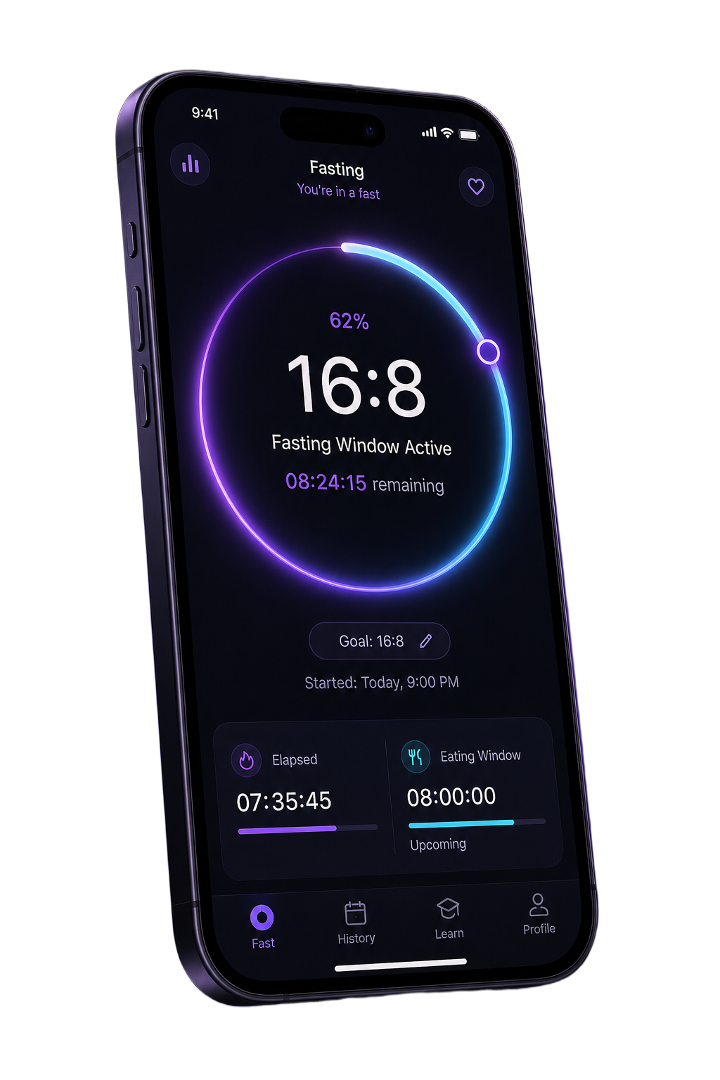 FastTime app showing a fasting window timer with a purple countdown ring